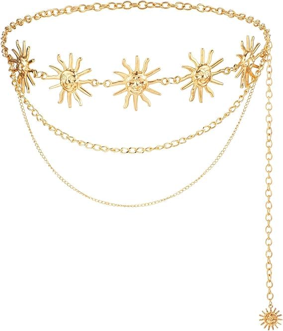 PALAY Chain Waist Belts for Women, Trendy 3-Layer Metal Chain Belt for Women Dresses, Sun Element Decor Gold Body Belly Belt Accessories, Matched with Suits, Jeans, Shirts, Dress PALAY Chain Waist Belts for Women, Trendy 3-Layer Metal Chain Belt for Women Dresses, Sun Element Decor Gold Body Belly Belt Accessories, Matched with Suits, Jeans, Shirts, Dress